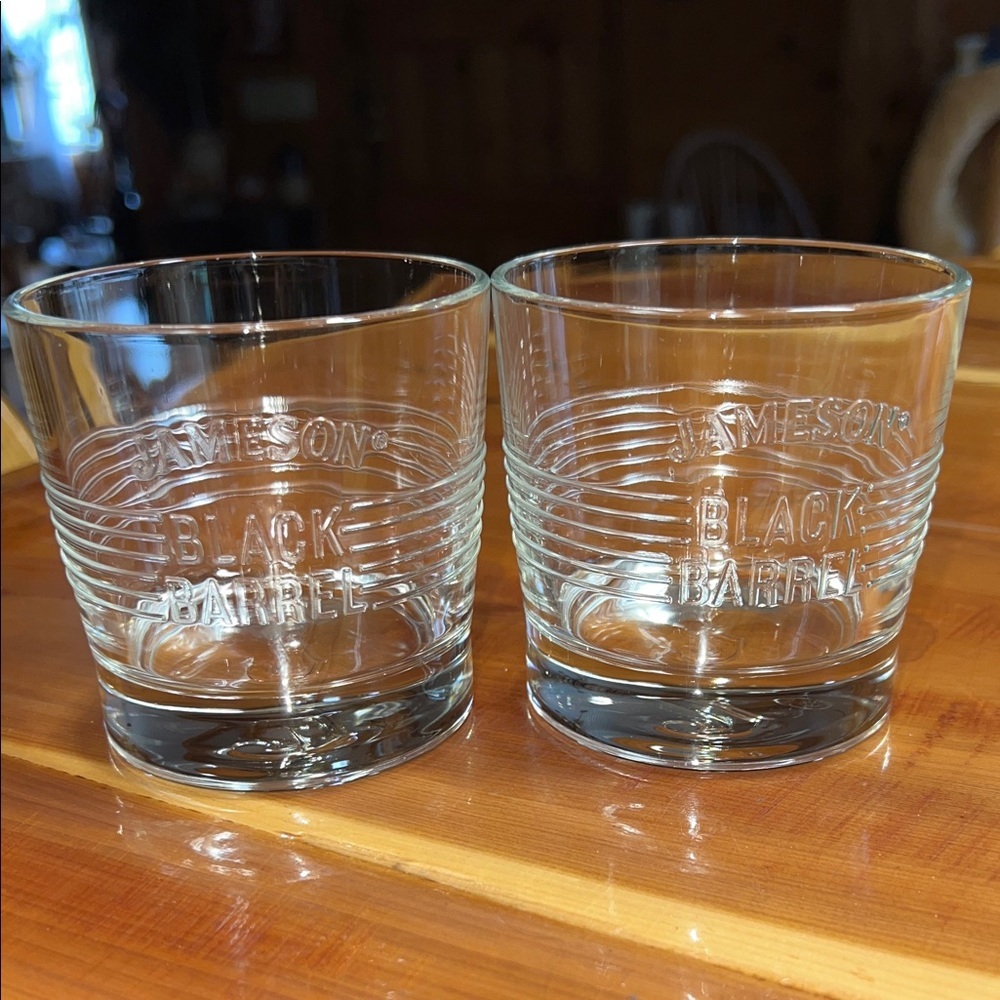 Jameson Black Barrel Low Ball Double Old Fashion Rocks Glasses Raised Lettering